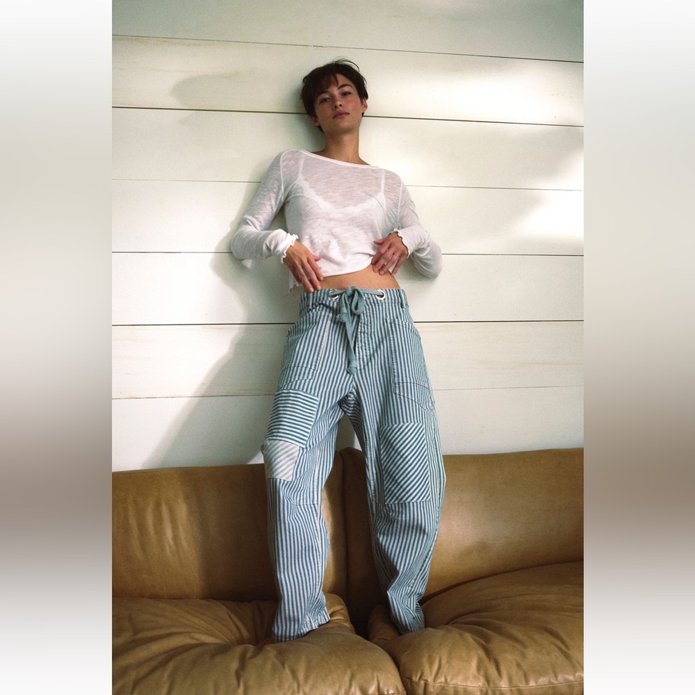 FREE PEOPLE RAILROAD LOW SLUNG JEANS - MINTY RAILROAD STRIPE